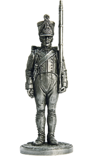 Фузилёр 61-го линейного полка. Франция, 1812-14 гг. Оловянная военно-историческая миниатюра, пьютер, чернение